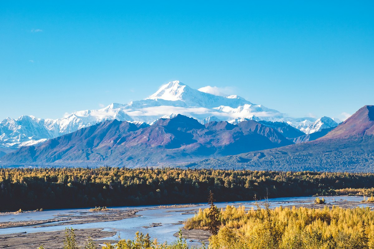 Snow-covered mountain peak in Denali National Park, Alaska