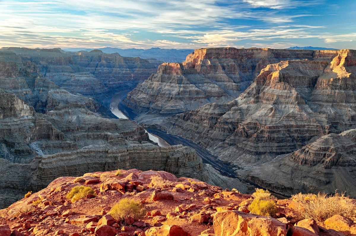 A wide view of the Grand Canyon's layered rock formations