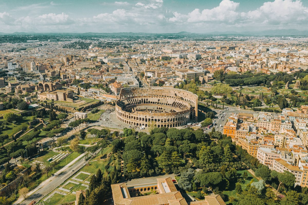 Aerial view of the Colosseum and surrounding streets in Rome