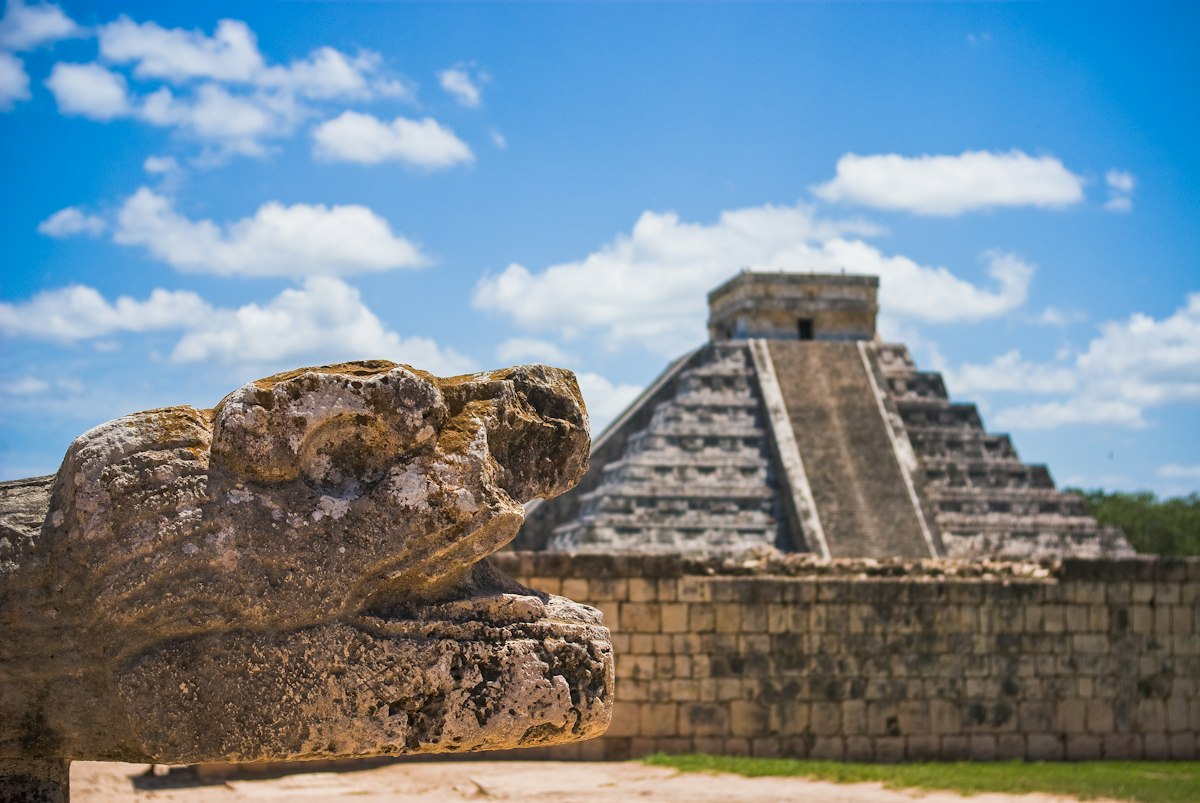 A grand pyramid at a Maya archaeological site in Mexico