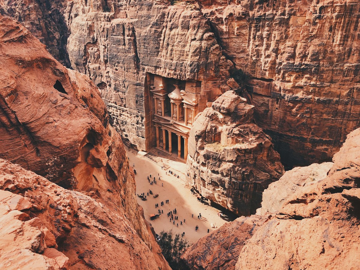 The Treasury at Petra, Jordan, carved into red sandstone cliffs